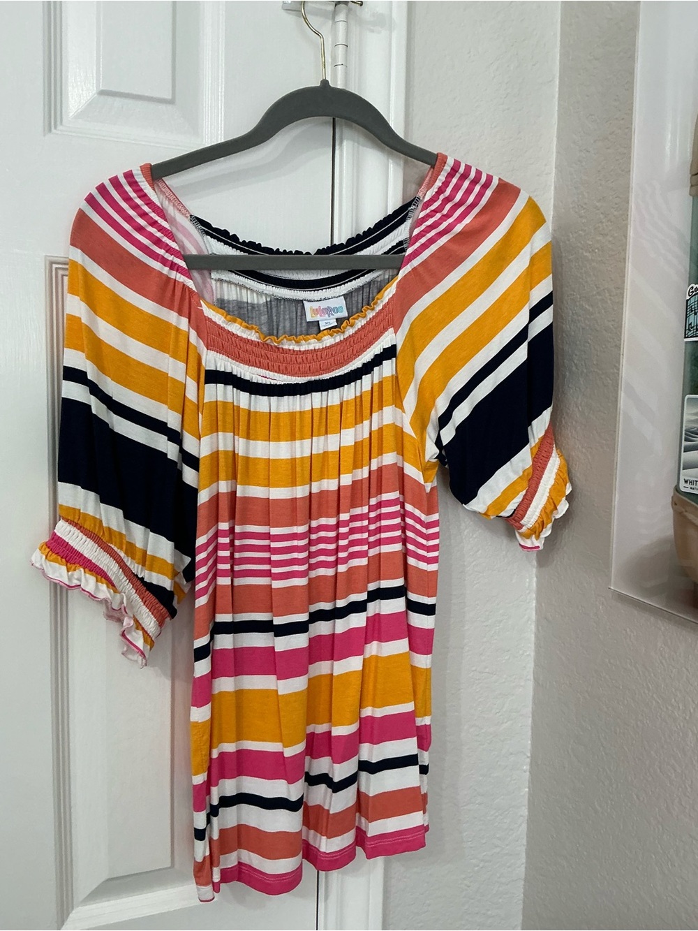 LuLaRoe Striped Off-Shoulder Tunic in Pink, Mustard, Navy, Cream Lily